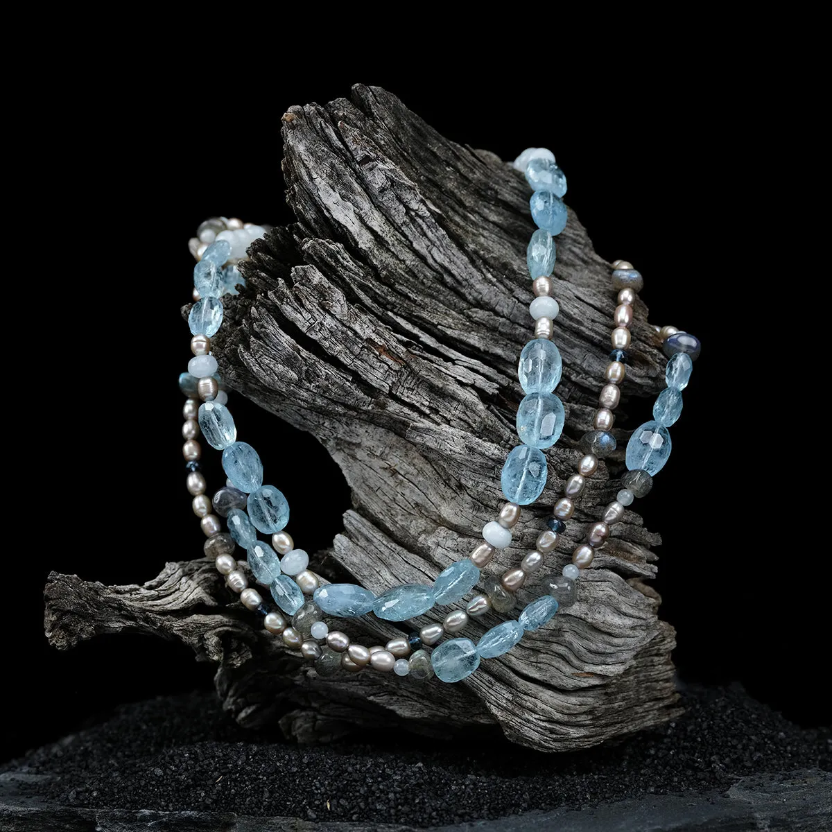 Pearl, Aquamarine, Topaz, Labradorite, and White Gold Necklace