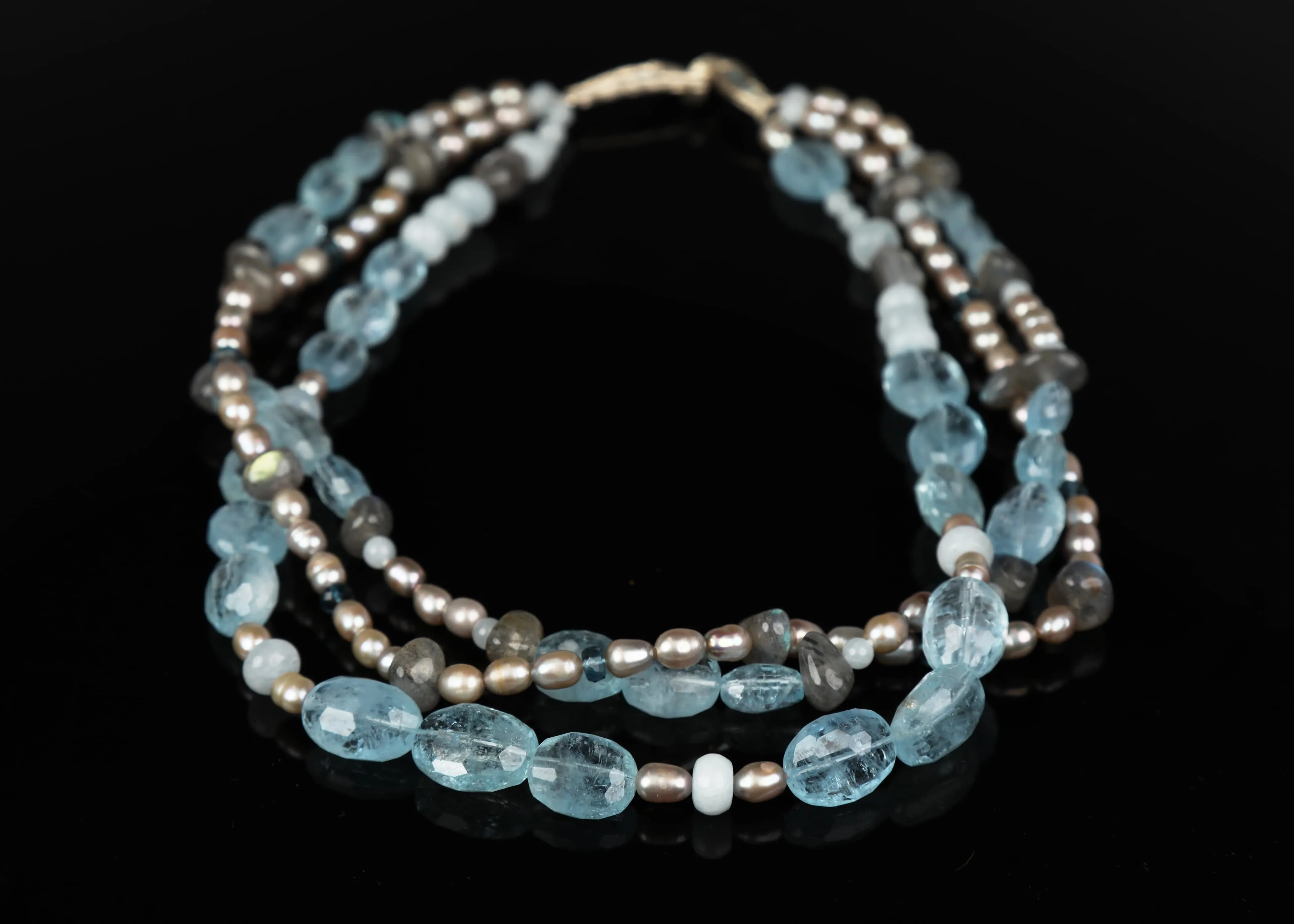 Pearl, Aquamarine, Topaz, Labradorite, and White Gold Necklace