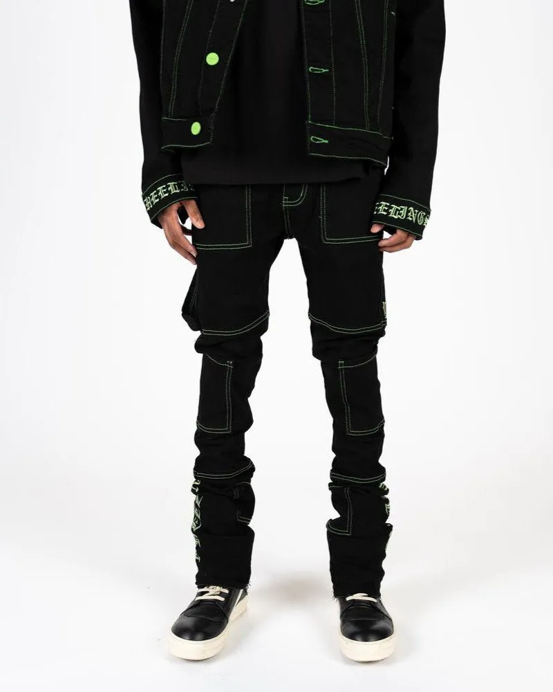 PHEELINGS DEFYING ODDS FLARE STACK DENIM (JET BLACK/LIME GREEN)