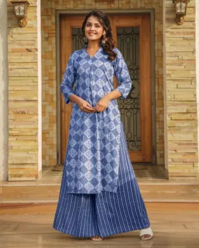 Plus Size Blue Rayon Digital Print Kurti Pant Set Of 2