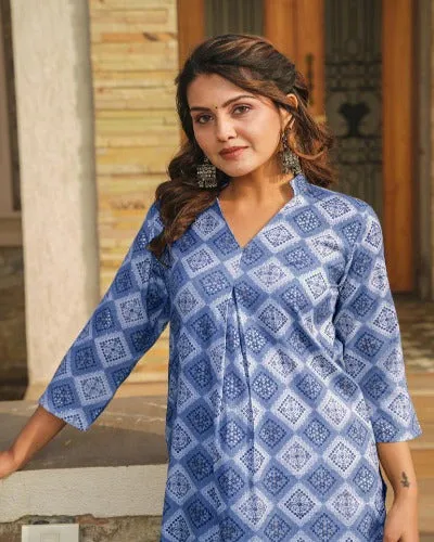 Plus Size Blue Rayon Digital Print Kurti Pant Set Of 2