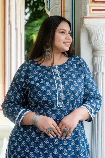 Plus size Blue White Cotton Readymade Kurti