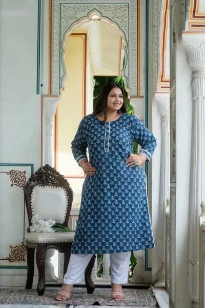 Plus size Blue White Cotton Readymade Kurti