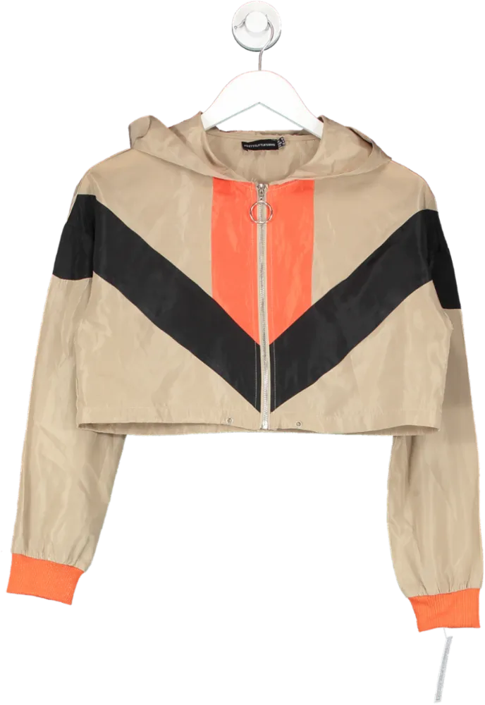 PrettyLittleThing Beige Colourblock Hooded Shell Suit Crop Windbreaker UK 8