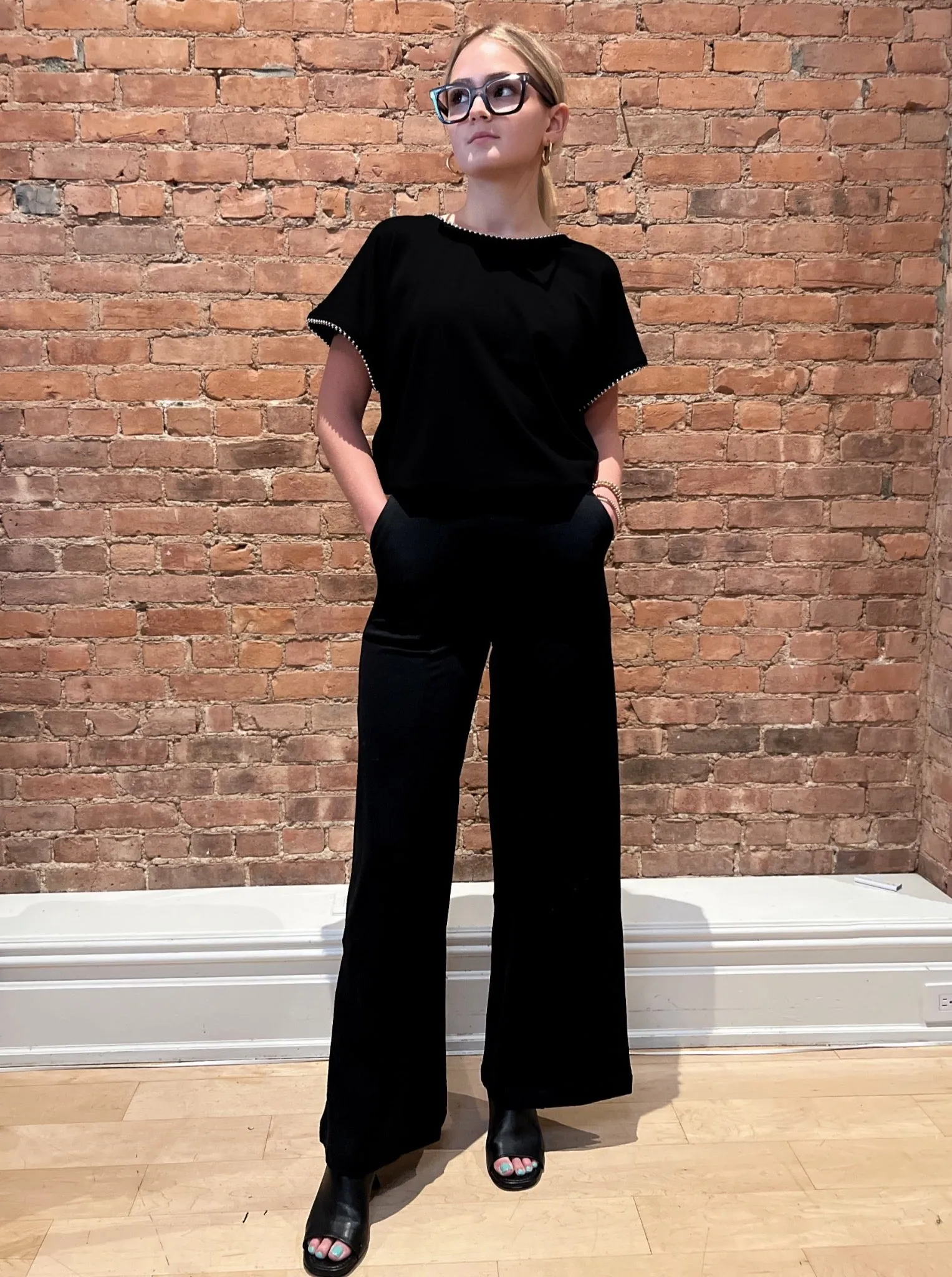 Pull On Wide Leg Ponte Knit Pant with Side Slit - The Carmine