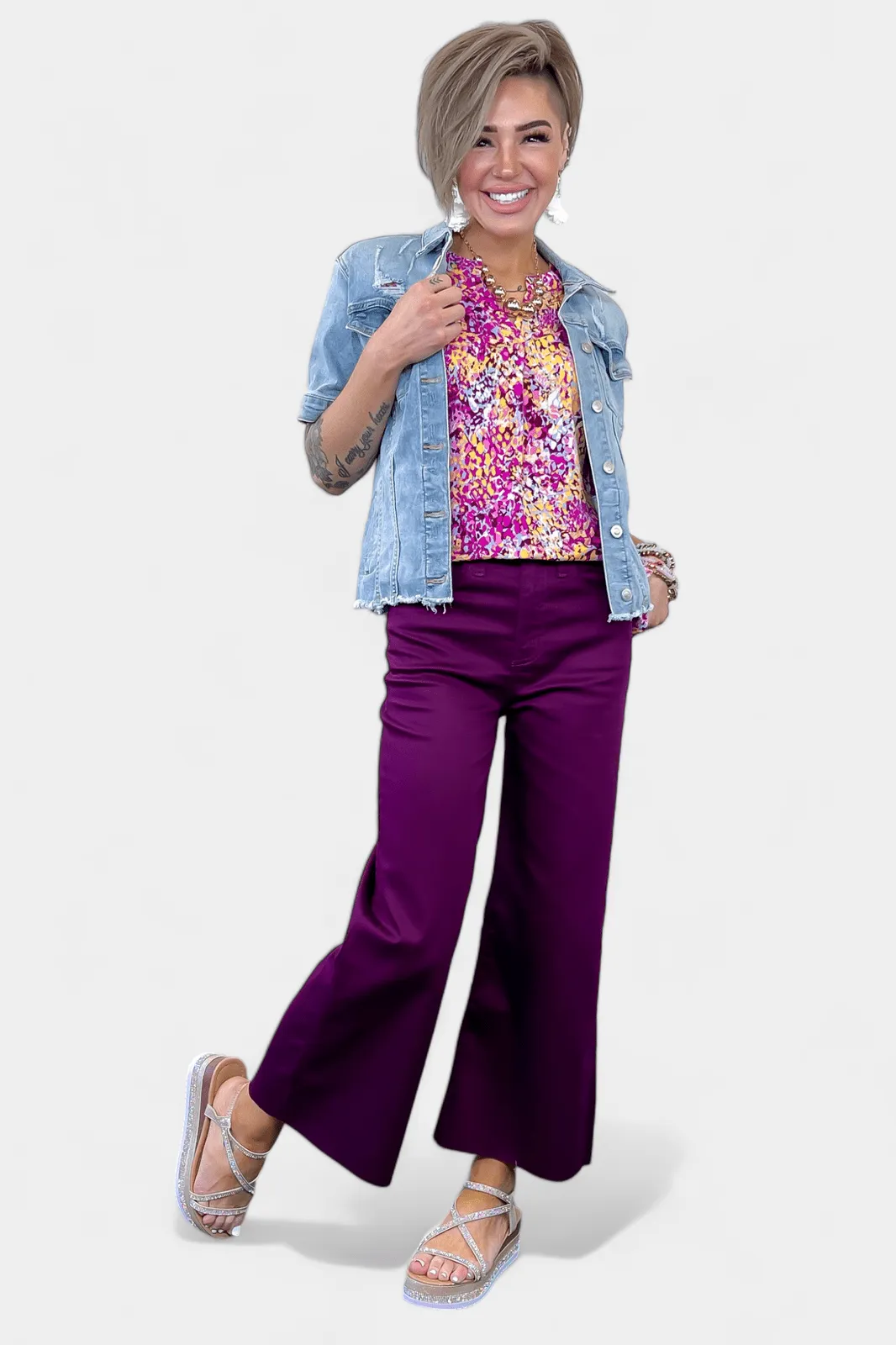 Purple Flare Cropped Denim Pants