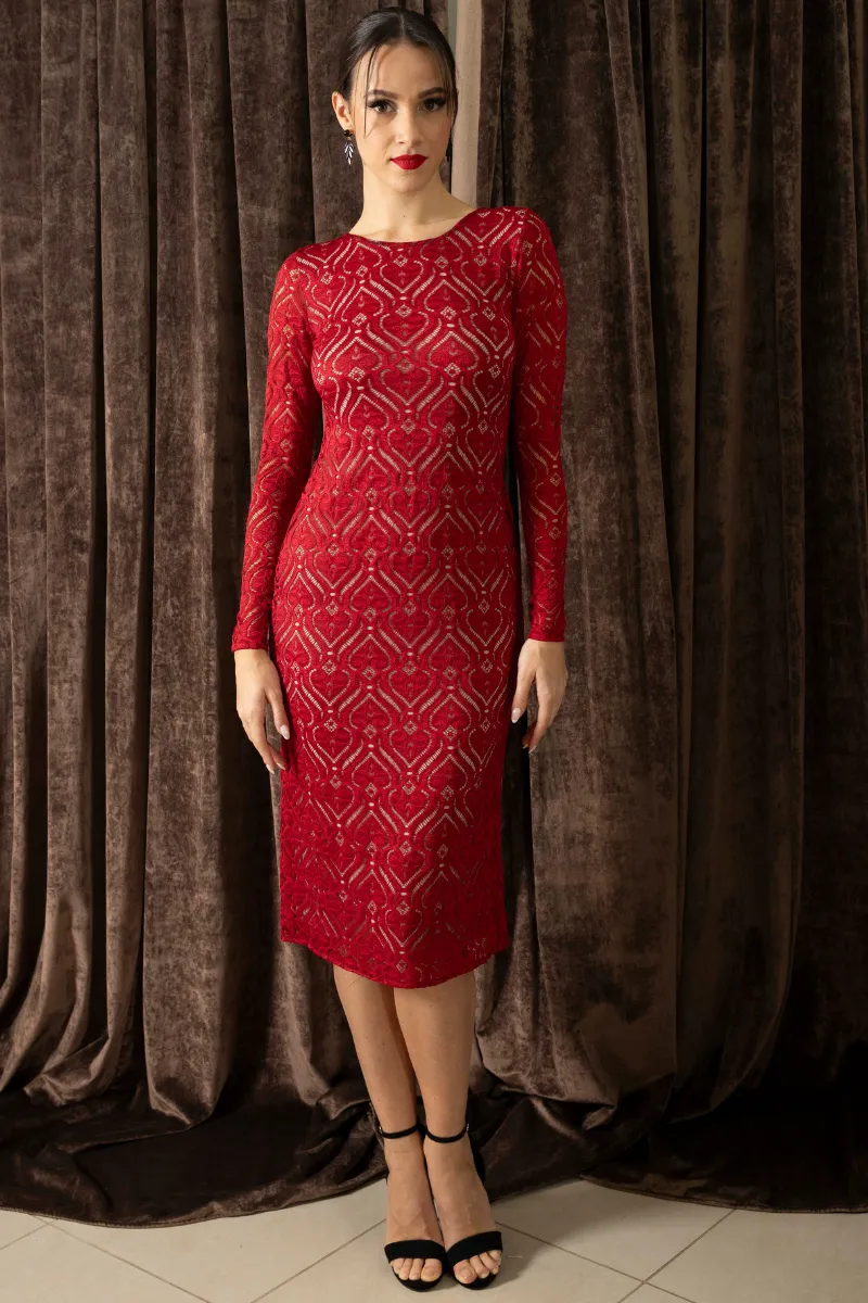 Red Heart Shape Lace Tango Dress With Slitted Tail & Heart Cutout Back