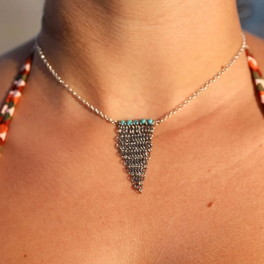 Repurposed Shark Chainmail Suit Necklace with Turquoise  - Short version