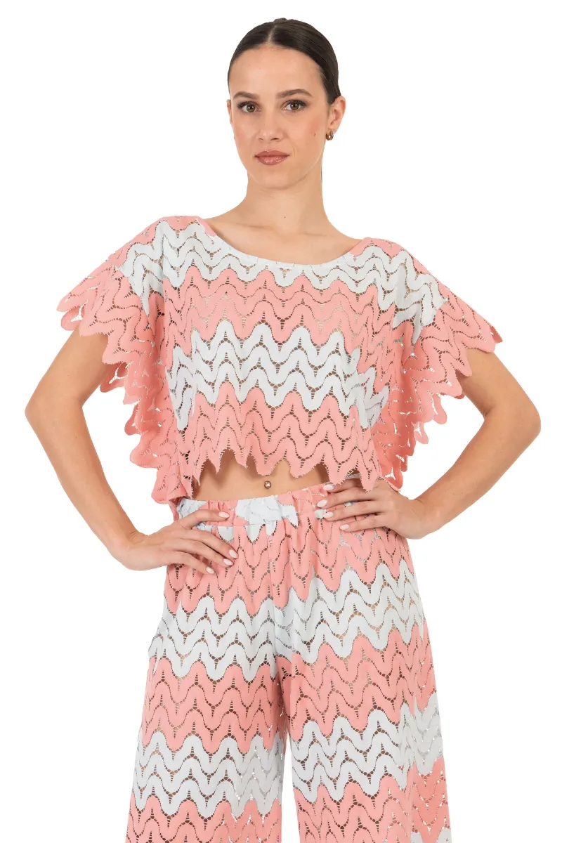 Salmon and Mint Zig-Zag Lace Boxy Crop Top