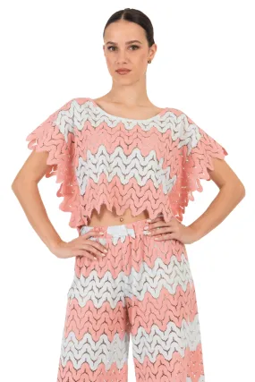 Salmon and Mint Zig-Zag Lace Boxy Crop Top