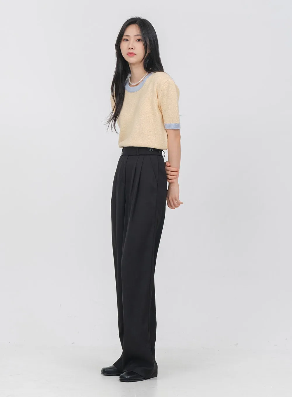 Side Double Button Wide Leg Tailored Pants OA08