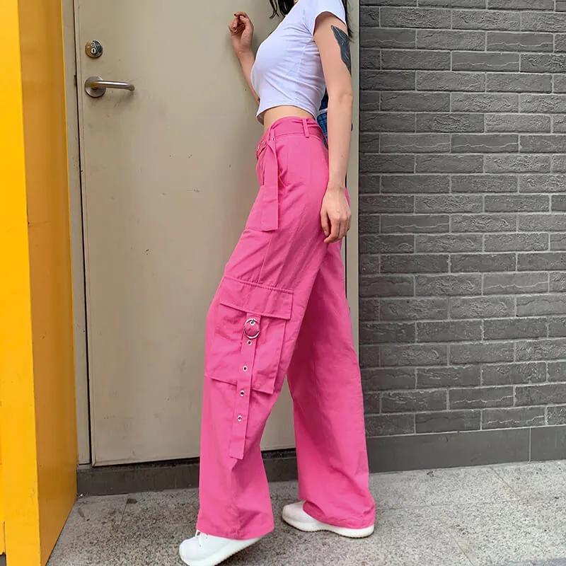 STREET FASHION PASTEL PINK HIGH WAIST POCKET PANTS BY55522