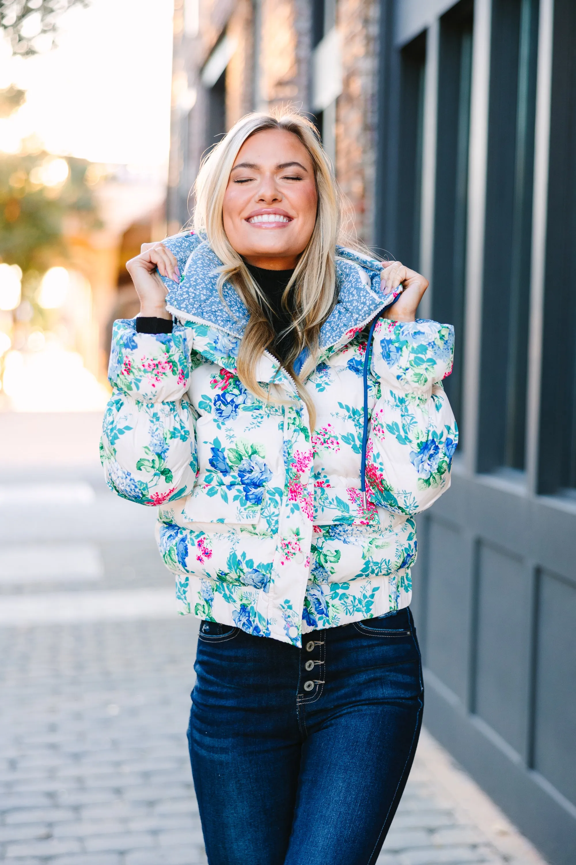 Take You Out Blue Floral Puffer Jacket