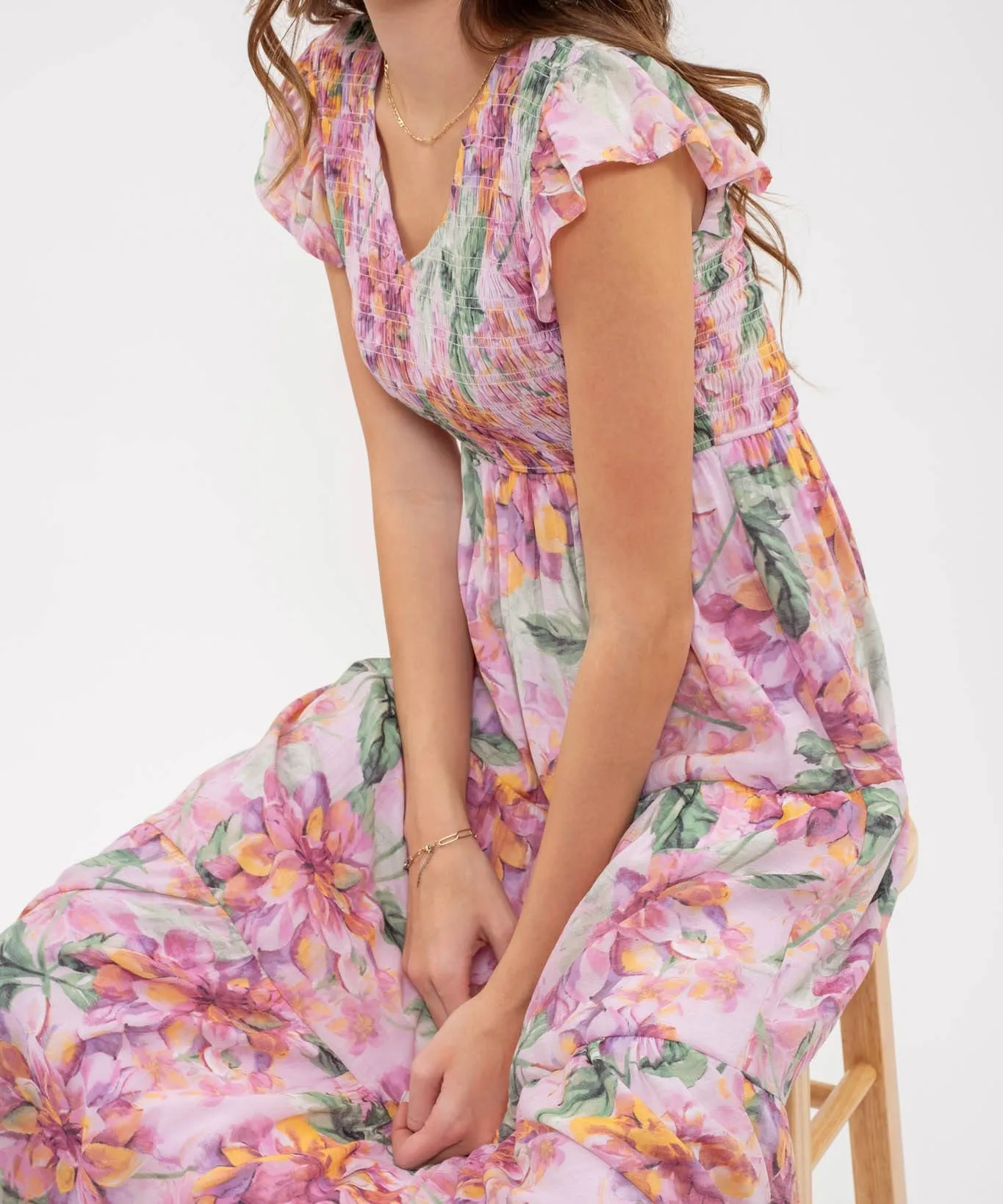 V-Neck Floral Midi Dress - Pink Multi