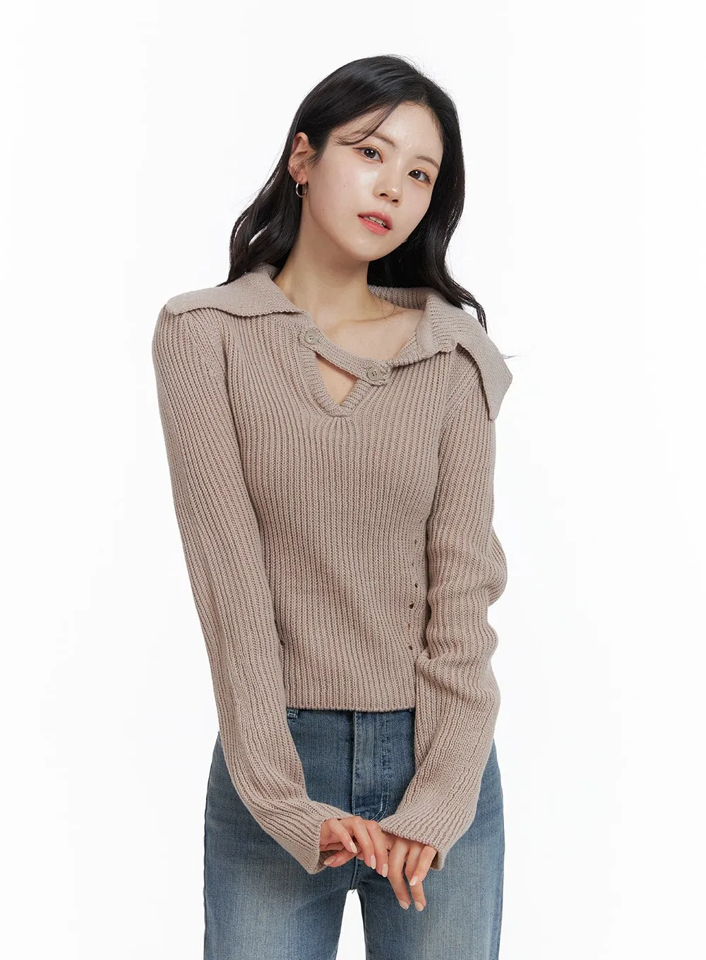 Wool Blend Unbalanced Neck Knit Collar Sweater OM420