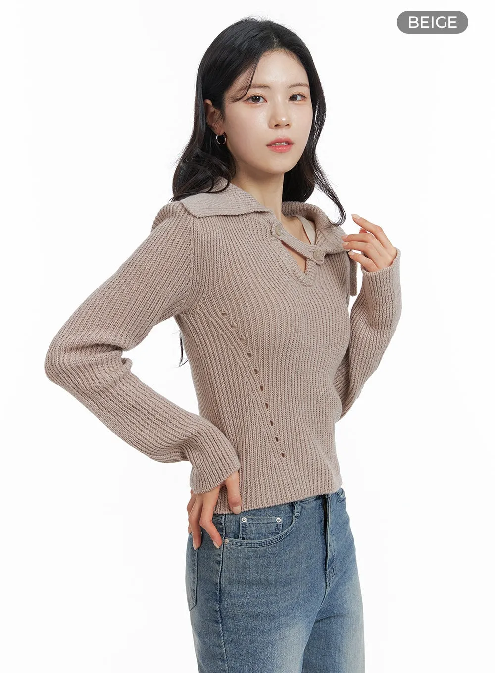 Wool Blend Unbalanced Neck Knit Collar Sweater OM420