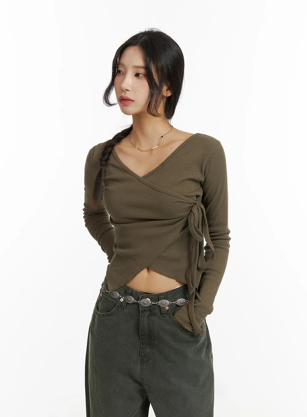 Wrap Tie V-Neck Crop Tee CJ416